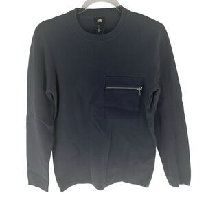 H&M Sweater Men S Dark Gray Pullover Crewneck Zip Pocket Cotton NEW